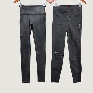 Spanx Leggings Bundle Womens Small Black Faux Leather Distressed Denim 2 Pack